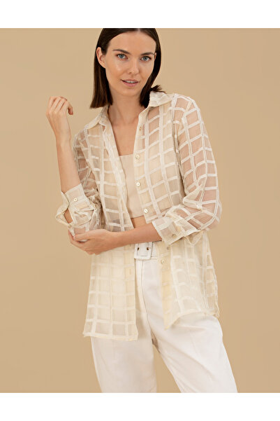 Pierre Cardin Krem Transparan Comfort Fit Uzun Kollu Gömlek 50262542-VR071