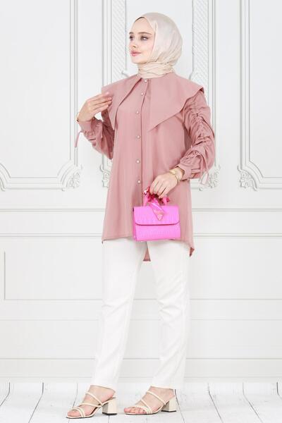 Sevitli Χρώμα πούδρας Μεγάλη λαιμόκοψη και χιτώνα με λεπτομέρεια