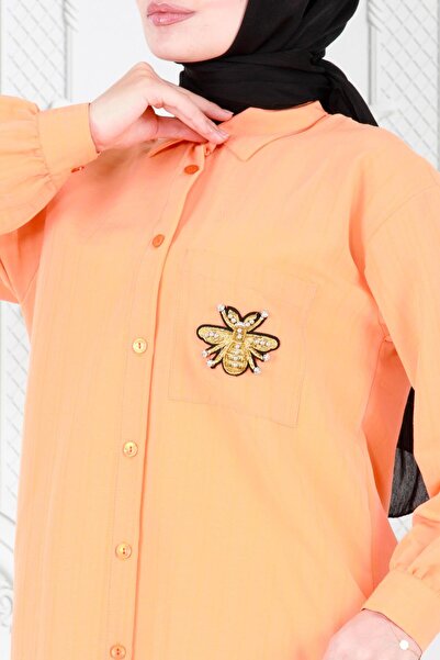 Sevitli Orange Linen Tunic with Bee Detail on Pocket
