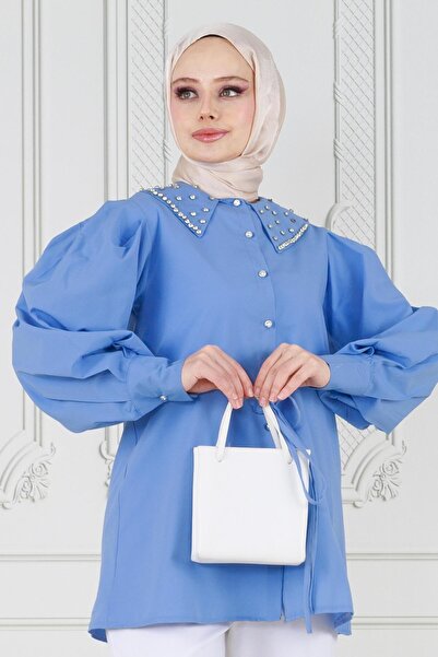 Sevitli Tunica albastră - Guler detaliat cu bijuterii