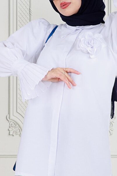 Sevitli White Tunic - Rose Brooch and Ruffle Sleeve