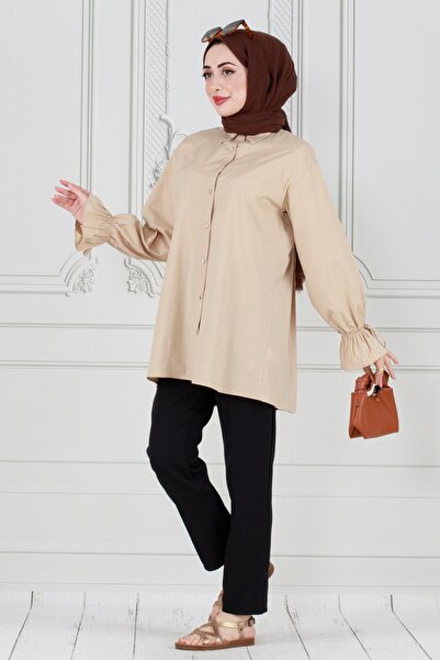 Sevitli Τονίκ με πλισέ πλάτη και μαζεμένο μανίκι-Μπεζ