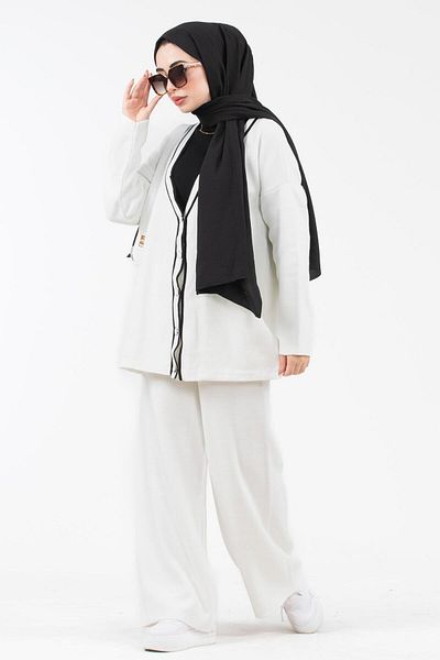 Sevitli Stripe Patterned Double Knitwear Set-white
