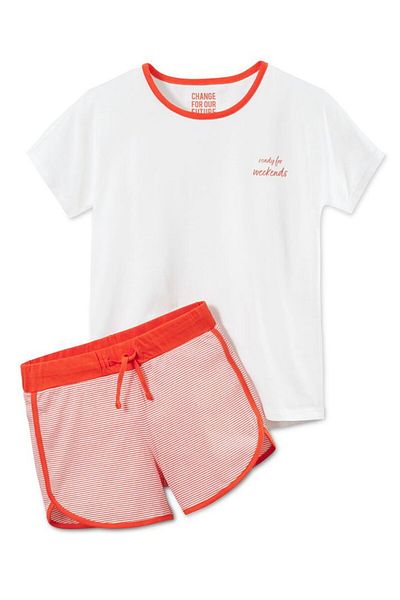 Tchibo Kids Girl 2 Pieces Plain Top and Pajamas Shorts Set, White and Orange