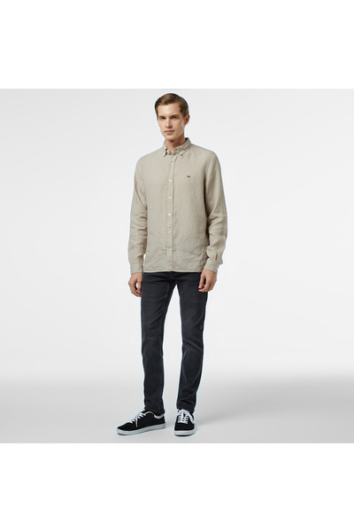 Lacoste Erkek Regular Fit Düğmeli Yaka Keten Bej Gömlek