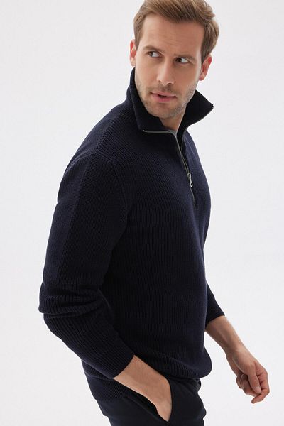 odelon Cotton Navy Blue Thessaloniki Knitted Men's Knitwear Sweater - Half Zipper, Regular Fit