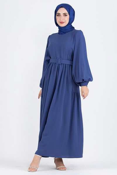 Sevitli Balloon Sleeve Side Gathered Dress-Sax Blue