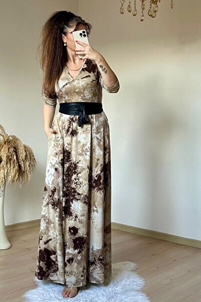 AZRA BUTİK Φόρεμα με μοτίβο εκτύπωσης καφέ σε όλο το μήκος