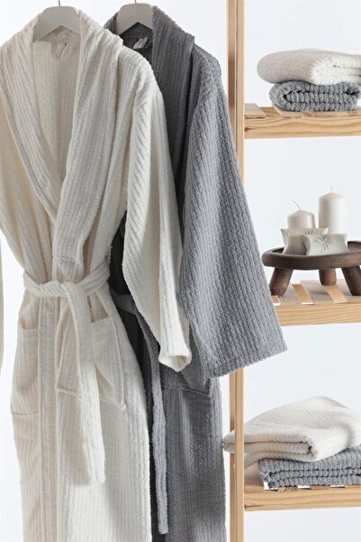 FAVORA Σετ οικογενειακών μπουρνούζια 8 τεμαχίων Line 100% βαμβάκι - Γκρι - Κρεμ