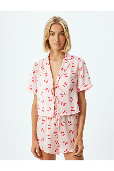Koton Fiyonk Bağlamalı Kiraz Baskılı Kısa Kollu Crop Pijama Üstü