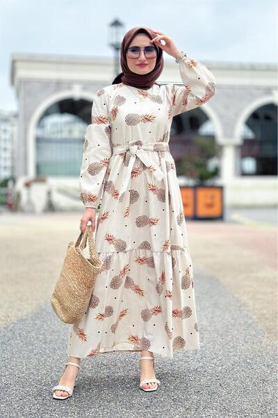 Sevitli Μεγάλο λινό φόρεμα με σχέδιο ανανά-καφέ πορτοκαλί