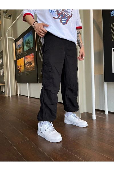 1blood Black Parachute Trousers with Cargo Pockets