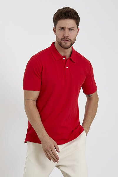 odelon Men's Red Polo Neck Basic Regular Fit T-Shirt