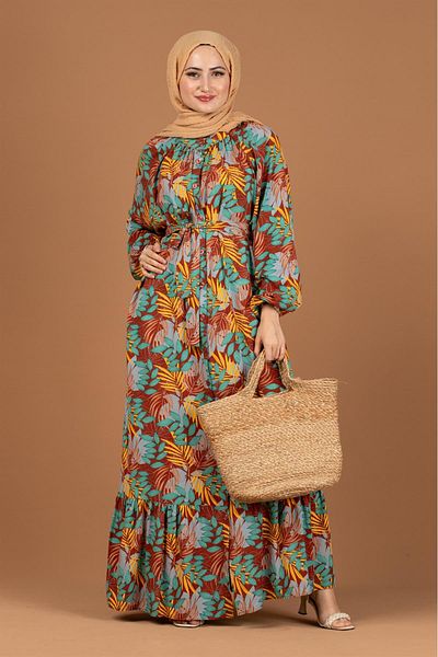 Sevitli Palm Tree Patterned Belted Hijab Dress-beige