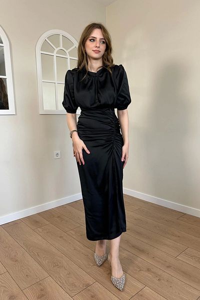 HELİS BUTİK Preium Satin Dress - Gathered Design