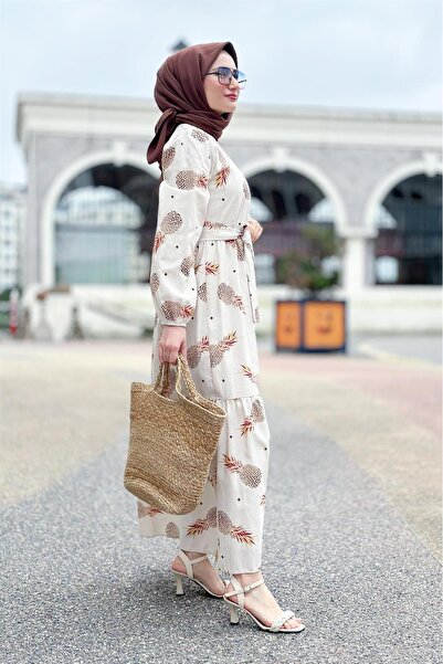 Sevitli Μεγάλο λινό φόρεμα με σχέδιο ανανά-καφέ πορτοκαλί