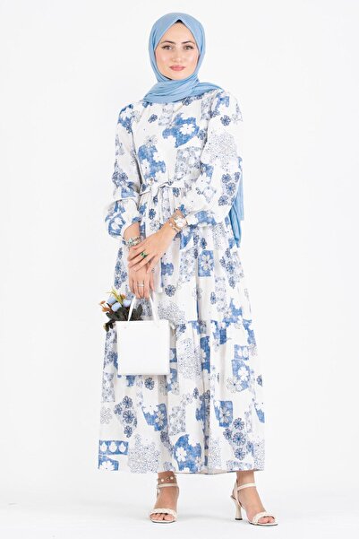 Sevitli Floral Embossed Patterned Linen Dress-Blue