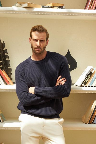 odelon Men's Navy Blue Knitwear Sweater - Crew Neck, Thessaloniki Knit, Cotton