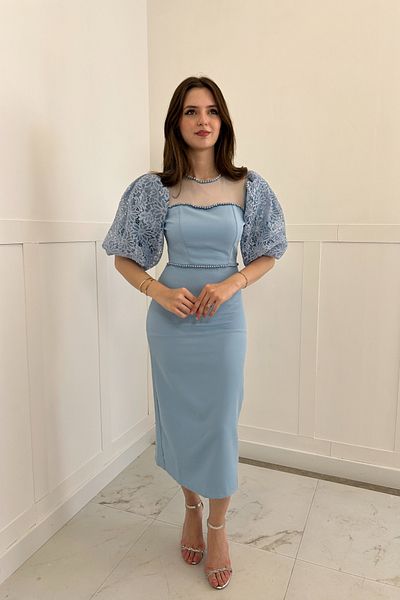 HELİS BUTİK Blue Pearl and Tulle Detailed Baby Balloon Sleeve Dress