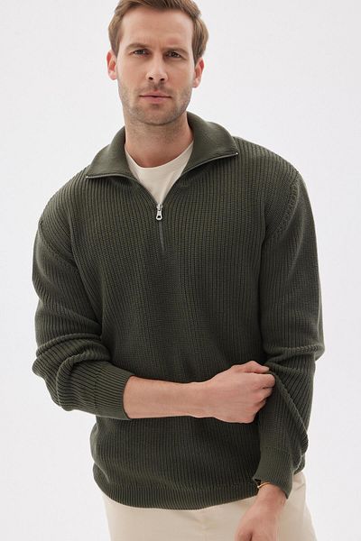 odelon Men's Khaki Knitwear Sweater - Half Zipper, Thessaloniki Knit, Cotton, Regular Fit