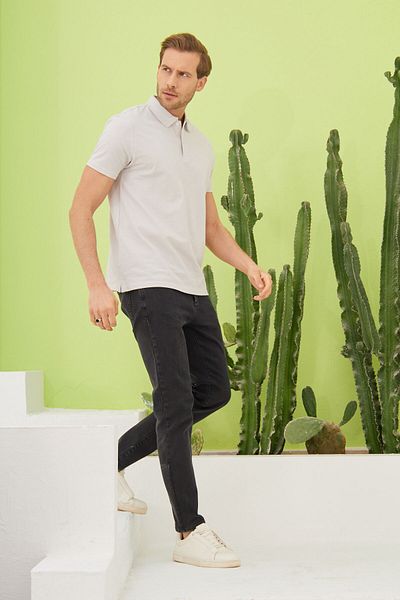 odelon Ανδρικά - Ανοιχτό γκρι μπλουζάκι Polo Neck Basic Regular Fit