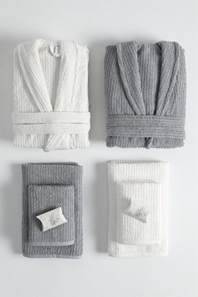 FAVORA Σετ οικογενειακών μπουρνούζια 8 τεμαχίων Line 100% βαμβάκι - Γκρι - Κρεμ