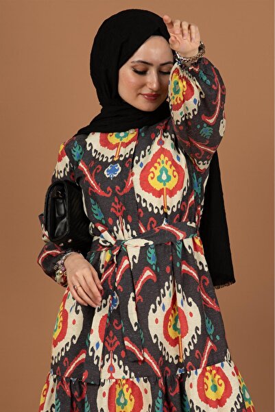 Sevitli Beli kuşaklı İkat Desen Elbise-Sarı