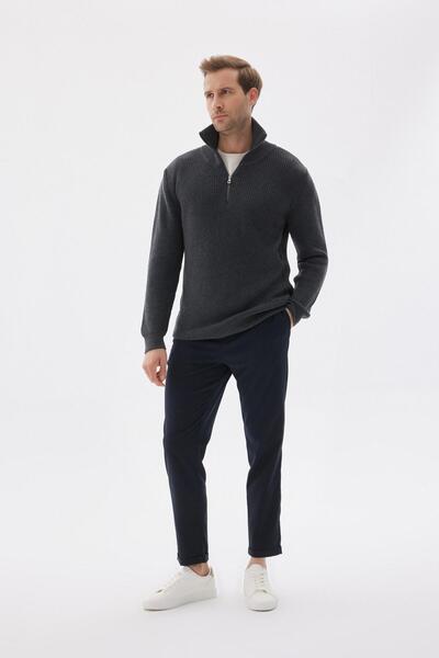 odelon Men's Anthracite Knitwear Sweater - Thessaloniki Knit, Half Zipper, Regular Fit, Cotton