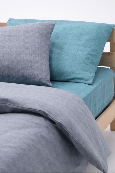 FAVORA Basic Cotton Single Duvet Cover Set with Elastic Sheets - Gray - Turquoise