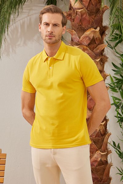 odelon Ανδρικό κίτρινο μπλουζάκι Polo Neck Basic Regular Fit