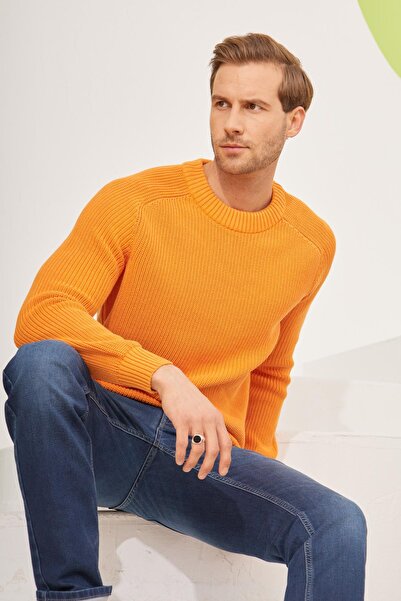 odelon Men's - Crew Neck, Thessaloniki Knit, Cotton Orange Knitwear Sweater