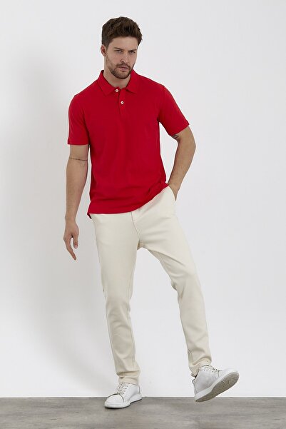 odelon Men's Red Polo Neck Basic Regular Fit T-Shirt