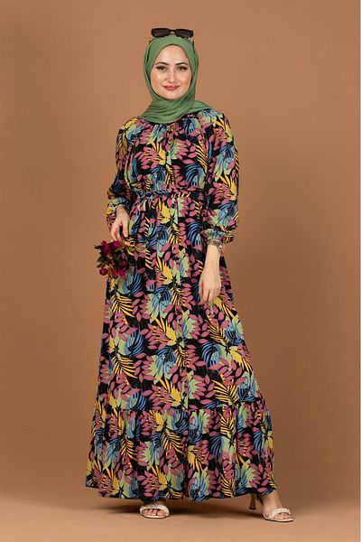 Sevitli Palm Tree Patterned Belted Hijab Dress-green