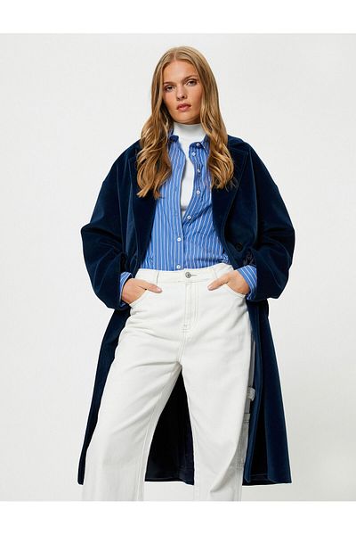 Koton Long Oversize Coat Soft Textured Buttons Double Breasted Pocket
