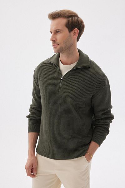 odelon Men's Khaki Knitwear Sweater - Half Zipper, Thessaloniki Knit, Cotton, Regular Fit
