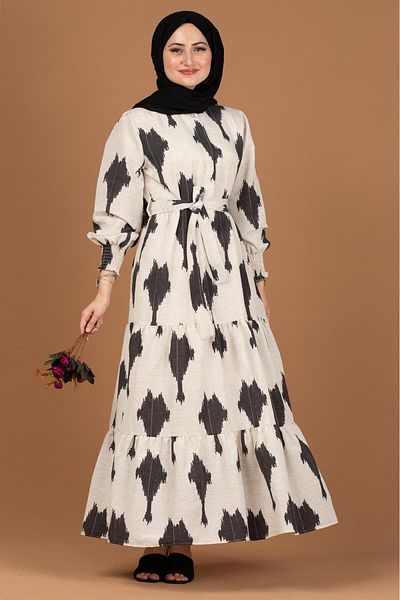 Sevitli Waist Belted Attention Pattern Dress-black