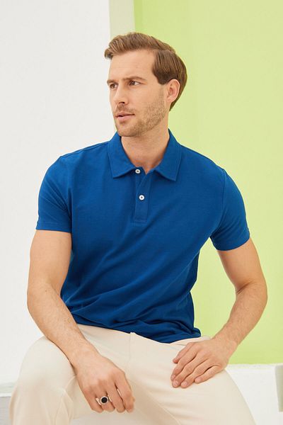 odelon Ανδρικό μπλουζάκι Indigo Polo Neck - Basic Regular Fit