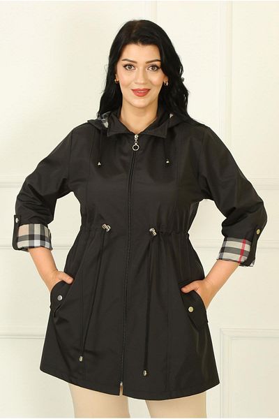 By Alba Collection Μαύρη καρό καμπαρντίνα Plus Size