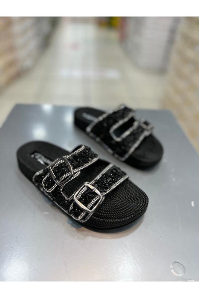 Hacıoğlu Ayakkabı Papuci plati pentru femei Pienn cu catarama dubla Stone