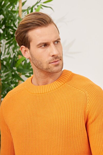 odelon Men's - Crew Neck, Thessaloniki Knit, Cotton Orange Knitwear Sweater