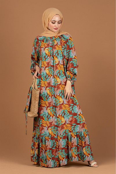 Sevitli Palm Tree Patterned Belted Hijab Dress-beige