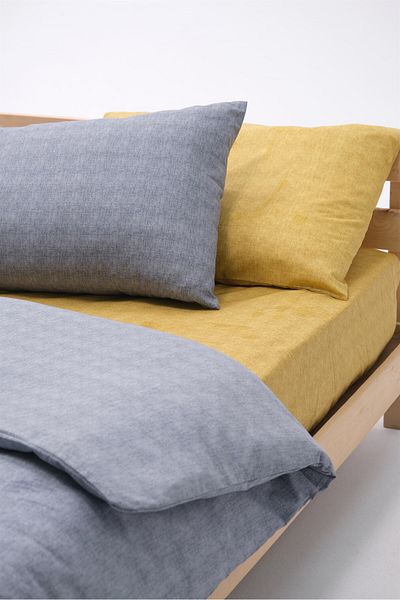 FAVORA Basic Cotton Single Duvet Cover Set with Elastic Sheets - Gray - Mustard