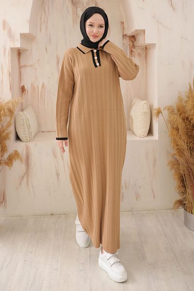 hafsamina Camel Knitwear Shirt Collar Dress - Hm2521
