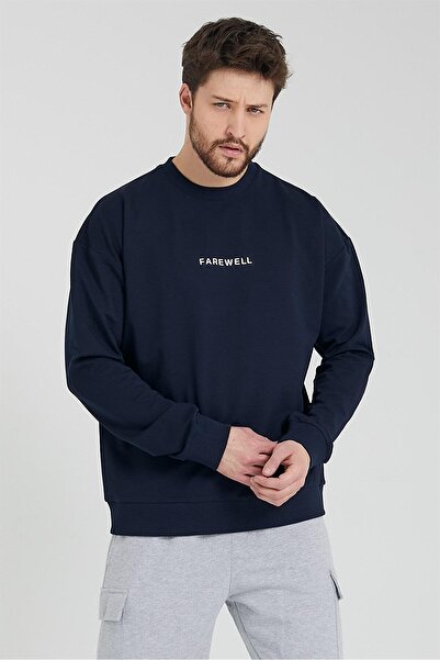 odelon Bisiklet Yaka Oversize Erkek Lacivert Sweatshirt