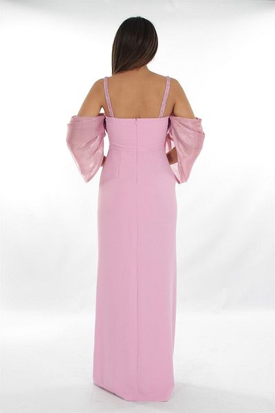 aşkın göksu Pink Thin Strap Stone Embroidered Low Sleeve Front Slit Women's Evening Dress