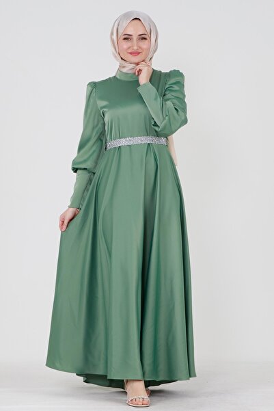 Sevitli Sash Stoned Satin Evening Dress-Mint Green