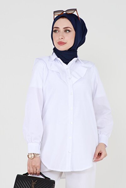Sevitli Poplin Tunic with Fold Detail at the Collar - White