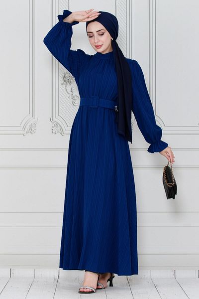 Sevitli Rochie Hijab Bleumarin - Detaliată cu centură