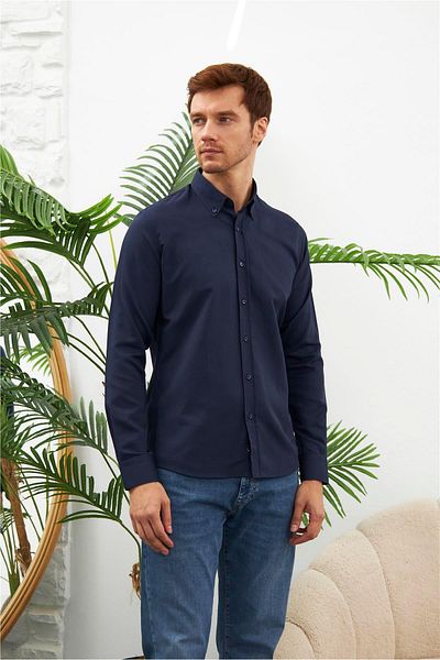 odelon Ανδρικό πουκάμισο Oxford Slim Fit - Easy-Iron, Navy Blue, Mars36