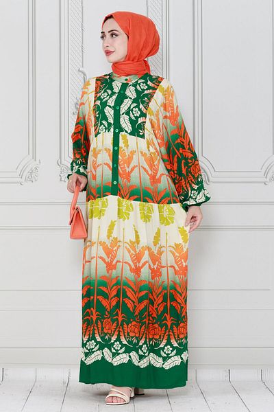 Sevitli Green Viscose Dress - Leaf Printed